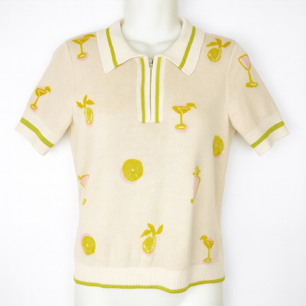 Cynthia Rowley Polo Sweater Cocktail Print Womens Small Zip Collar Cotton Retro